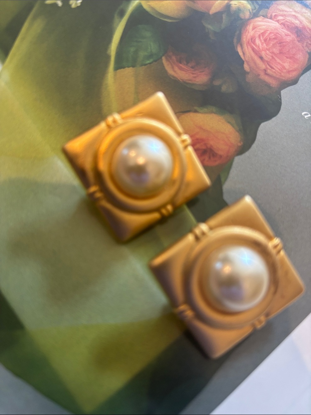 Gold-Tone Pearl Center Square Clip Earrings